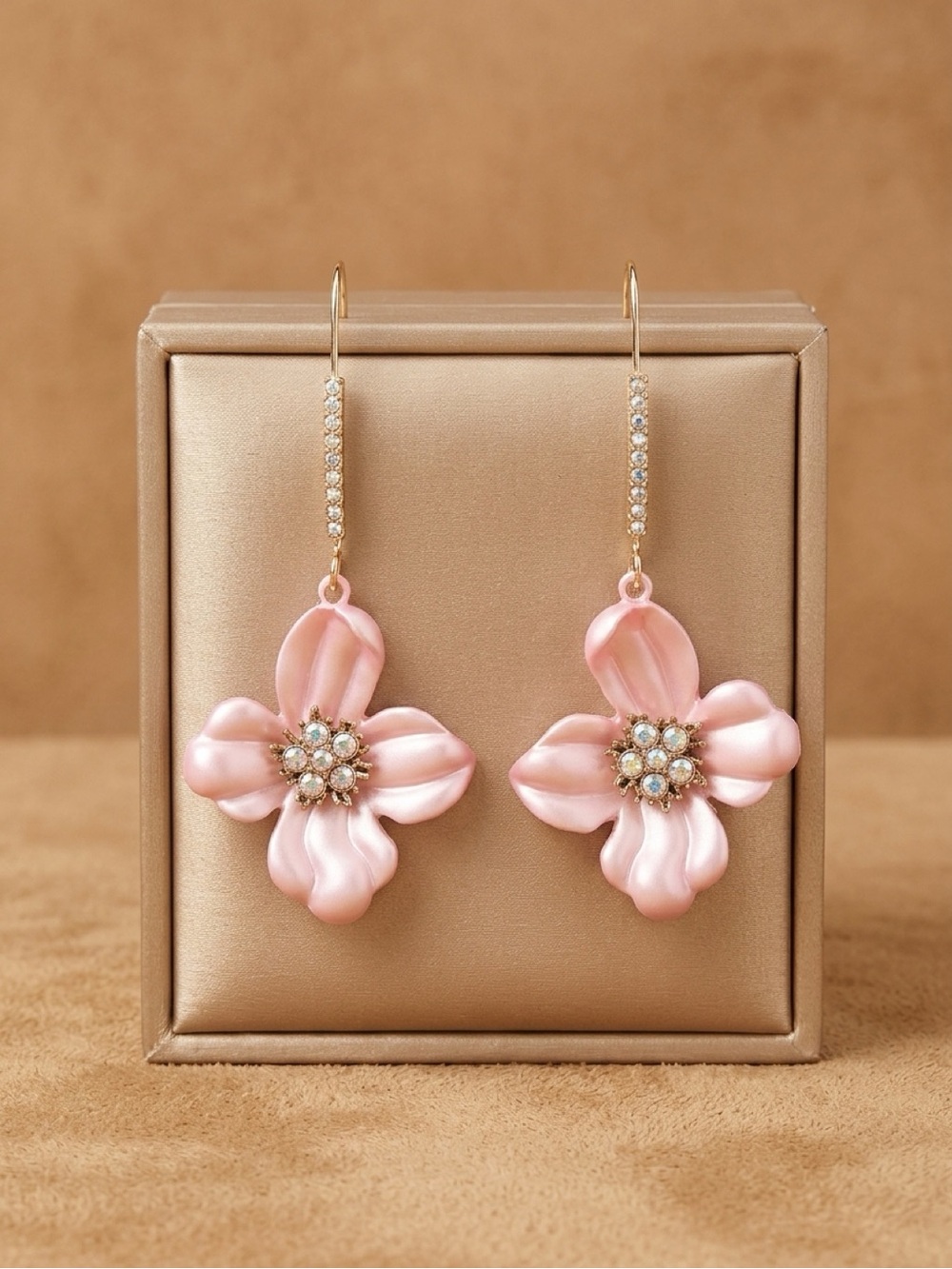 Betsy Johnson Pink Floral Drop Earrings with Crystal Accents
